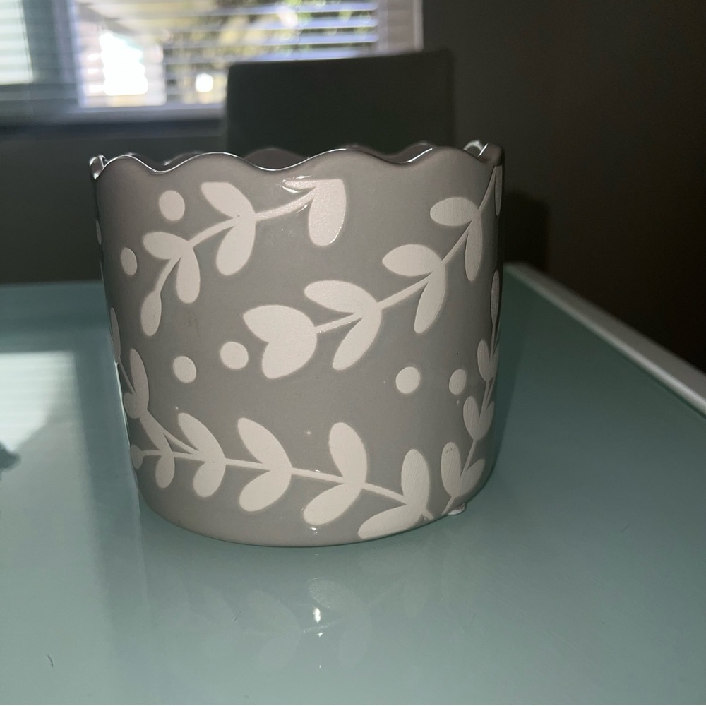 Gray Ceramic Planter with White Leaf Design